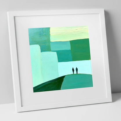 Abstract Green Fell Top Hikers lake district fell art print in white frame