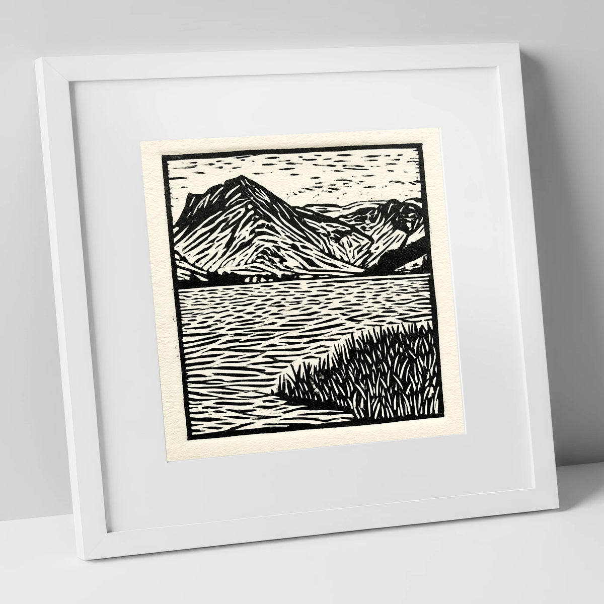 Monochrome Buttermere and Fells lake district lake art print in white frame