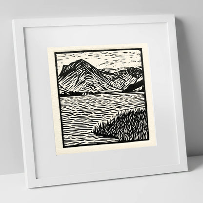 Monochrome Buttermere and Fells lake district lake art print in white frame