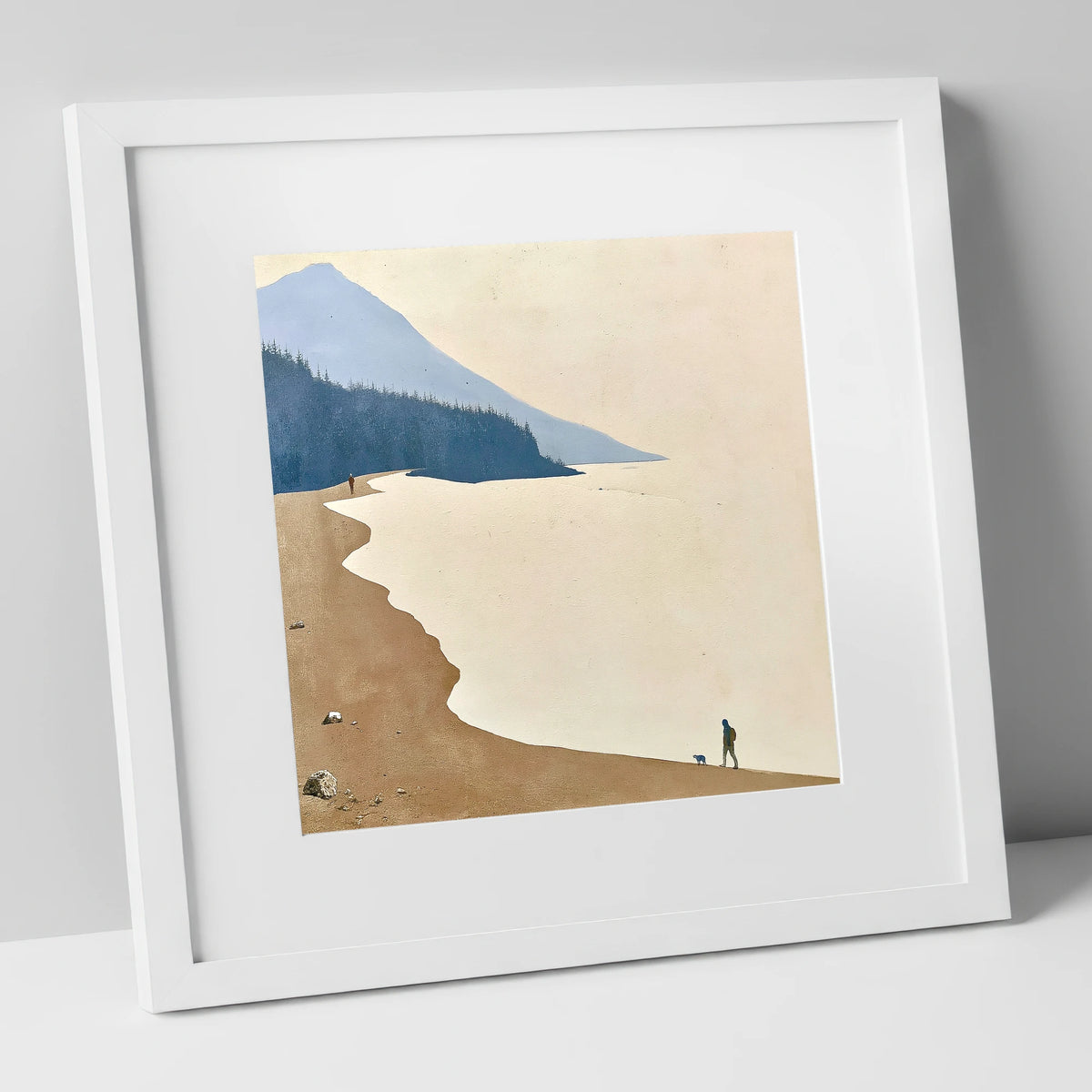 Misty Shoreline Walk with Dog lake district lake art print in white frame