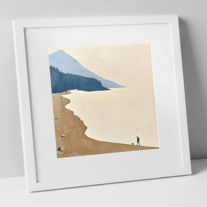 Misty Shoreline Walk with Dog lake district lake art print in white frame