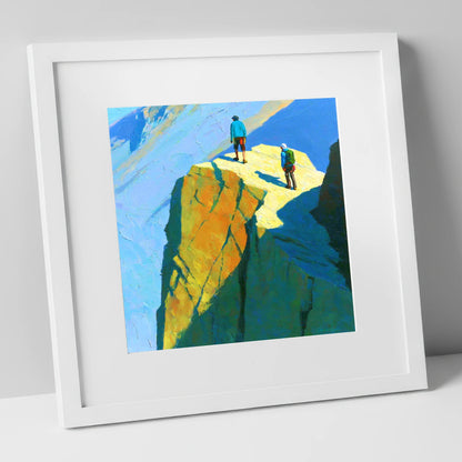 Mountaineers on Sunlit High Crags lake district walking art print in white frame
