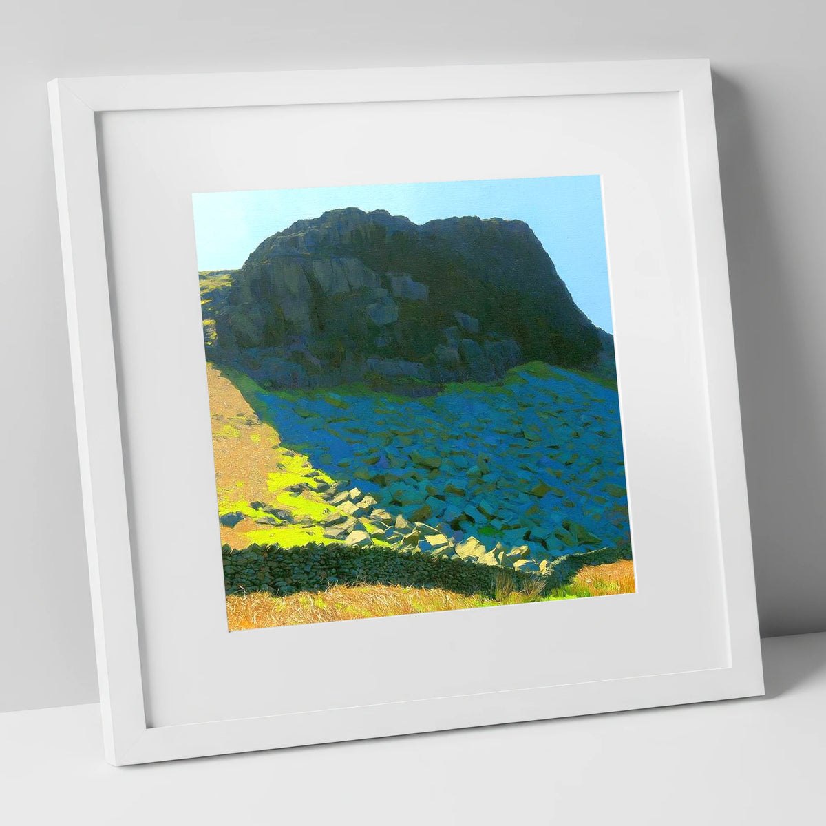 Buckbarrow Crags and Vivid Scree lake district fell art print in white frame