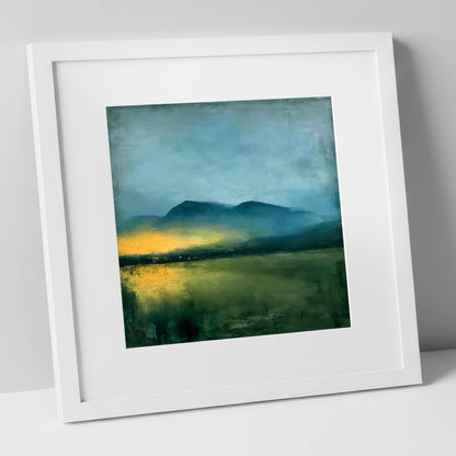 Golden Mist Below Dark Fells lake district sky art print in white frame
