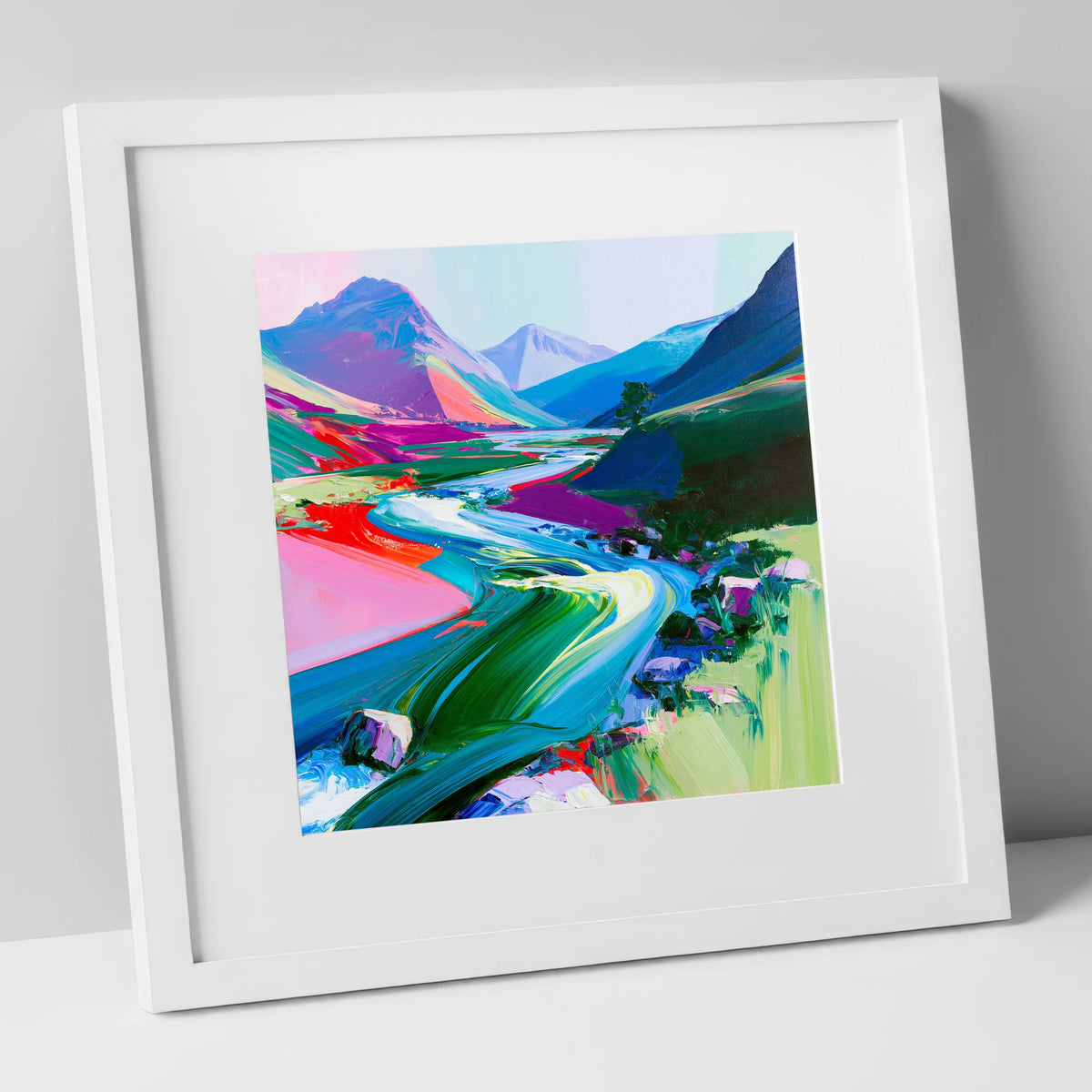 Colourful Rushing Fellside Beck lake district waterfall art print in white frame