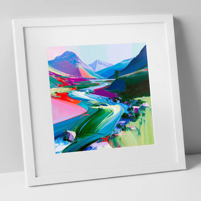 Colourful Rushing Fellside Beck lake district waterfall art print in white frame