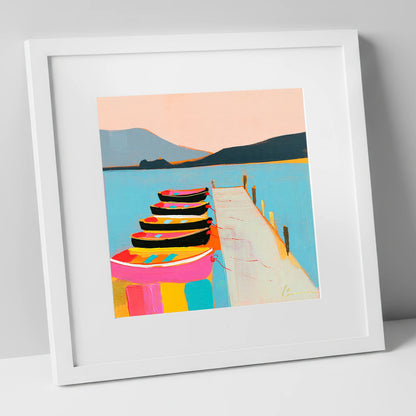 Vibrant Moored Boats on Windermere lake district lake art print in white frame