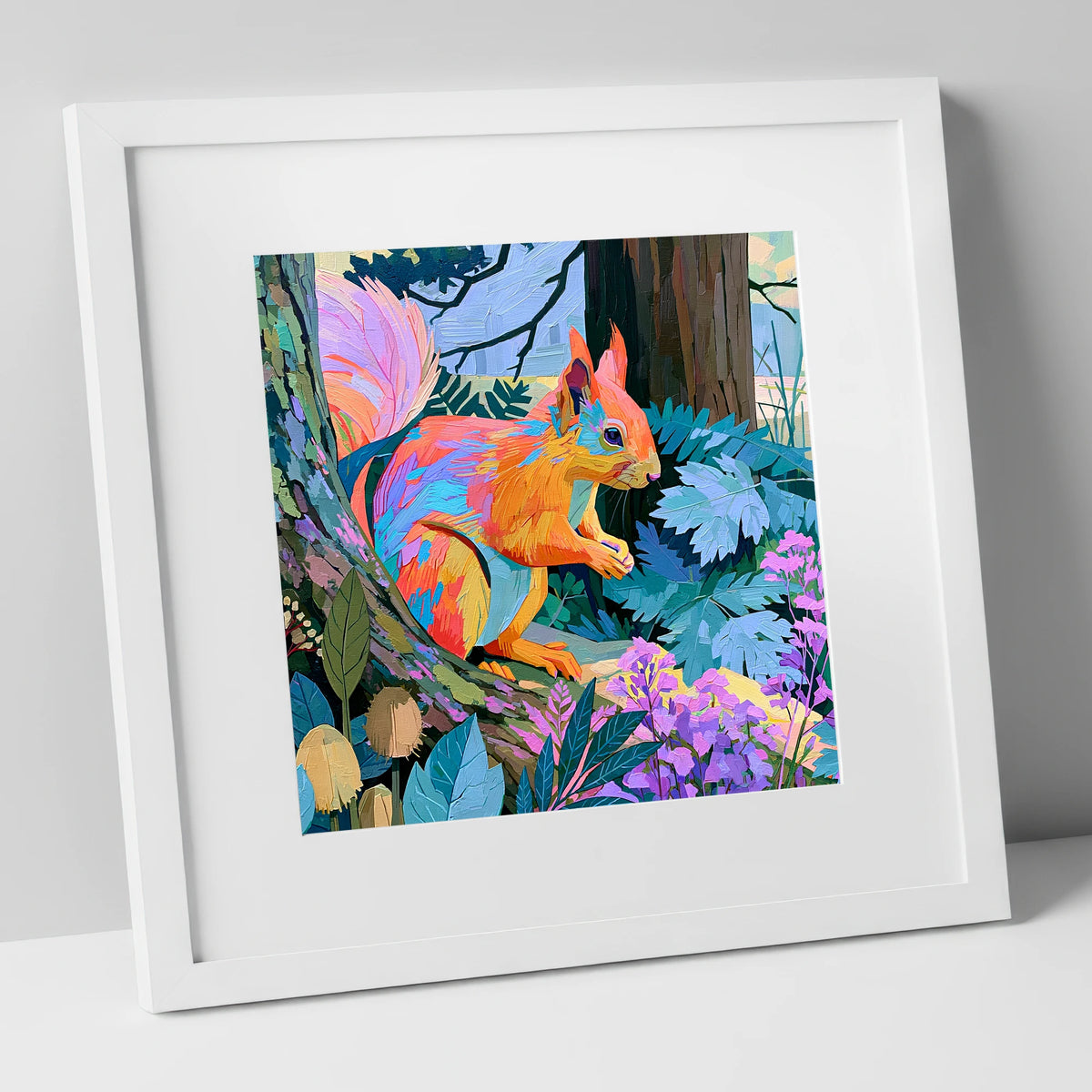 Vibrant Woodland Red Squirrel lake district wildlife art print in white frame