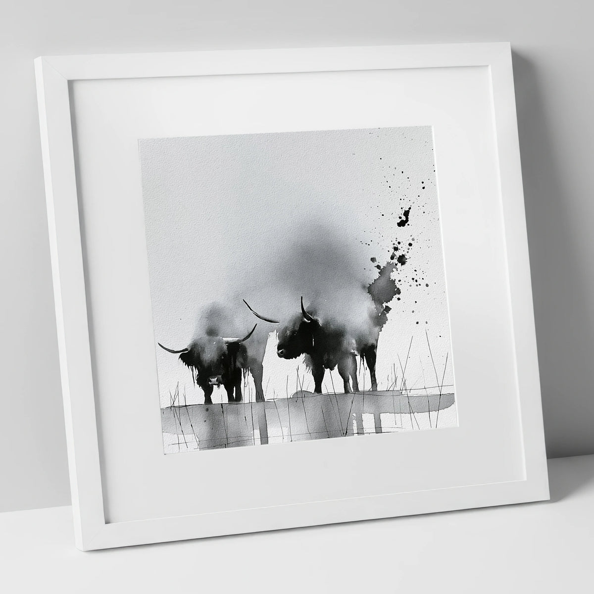 Abstract Monochrome Highland Cattle lake district wildlife art print in white frame
