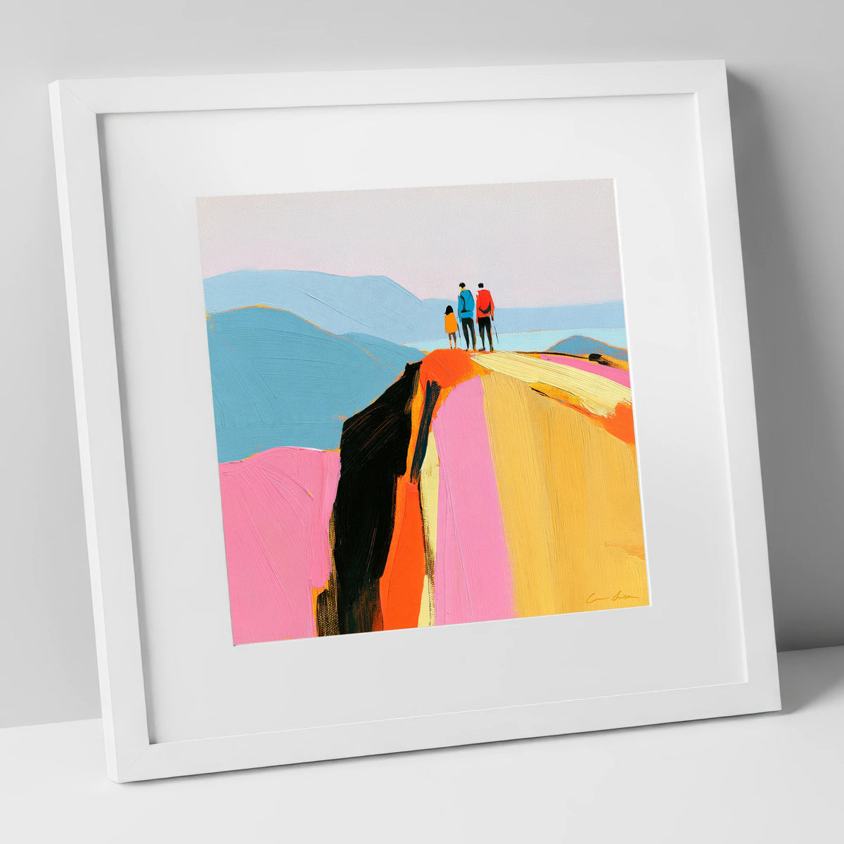 Colourful Fell Top Walkers lake district fell art print in white frame