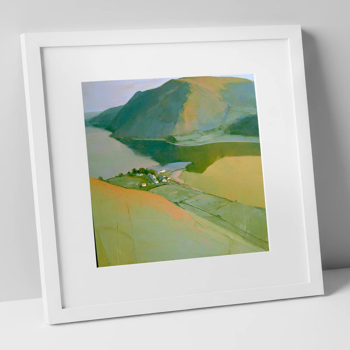 Glenridding from Above Ullswater lake district village art print in white frame