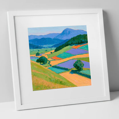 Violet And Ochre Dale Fields lake district valley art print in white frame
