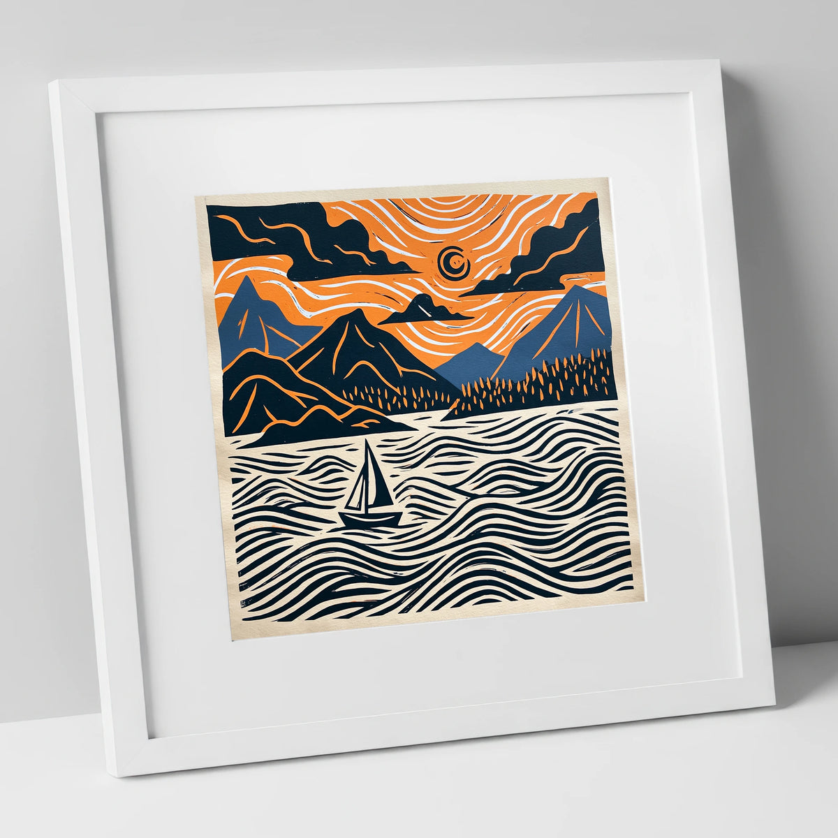Derwentwater Sailboat Beneath Swirling Skies lake district lake art print in white frame