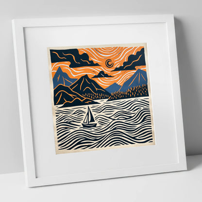 Derwentwater Sailboat Beneath Swirling Skies lake district lake art print in white frame