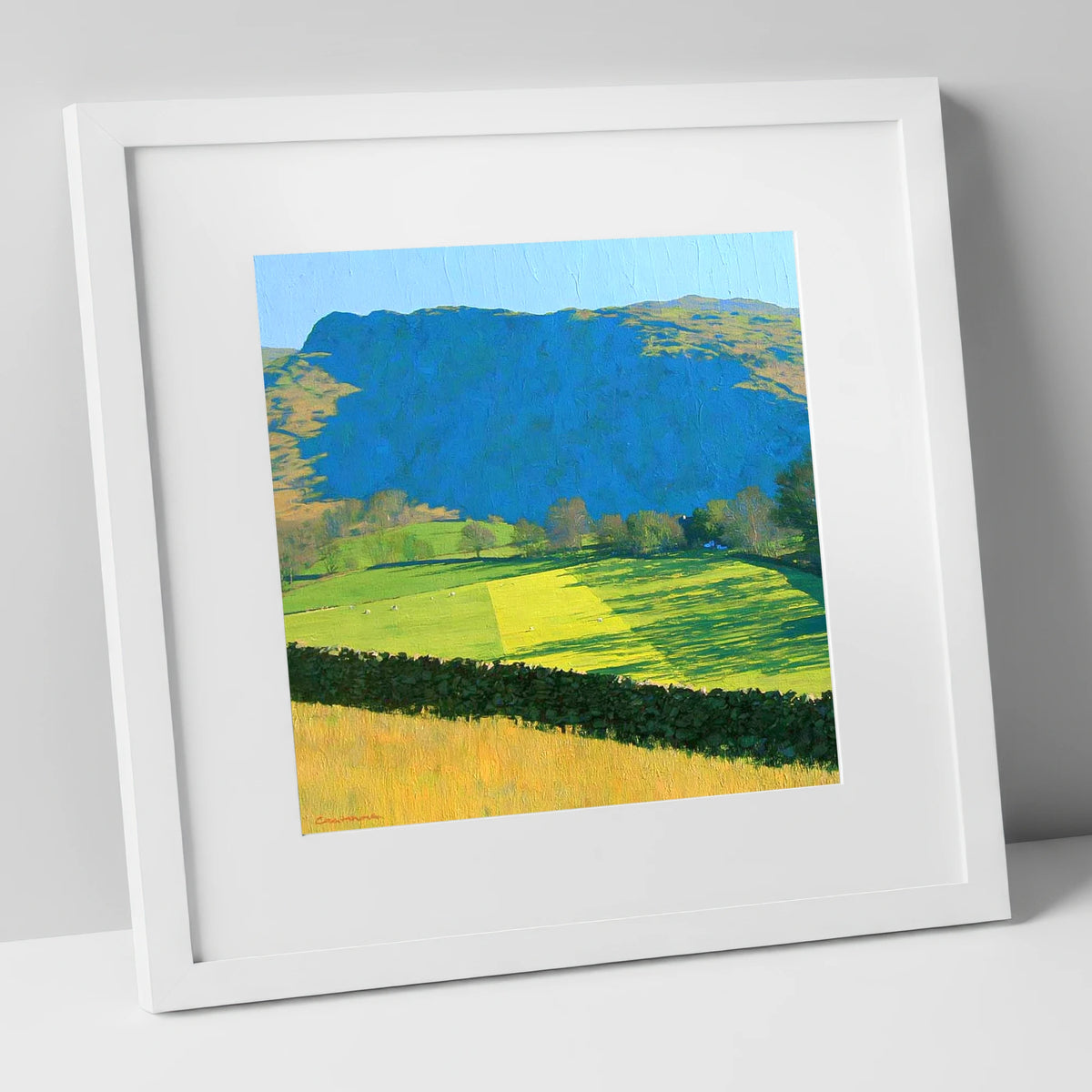 Sunlit Fields Below Troutbeck Tongue lake district fell art print in white frame