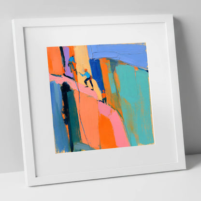 Vibrant Climbers on the Crag lake district walking art print in white frame