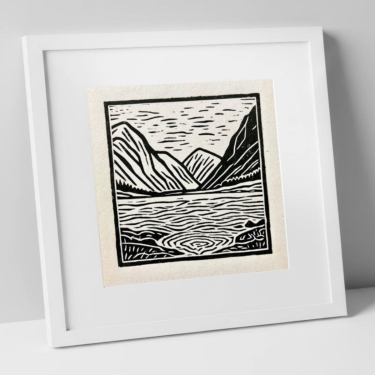 Graphic Ennerdale Water and Fells lake district valley art print in white frame