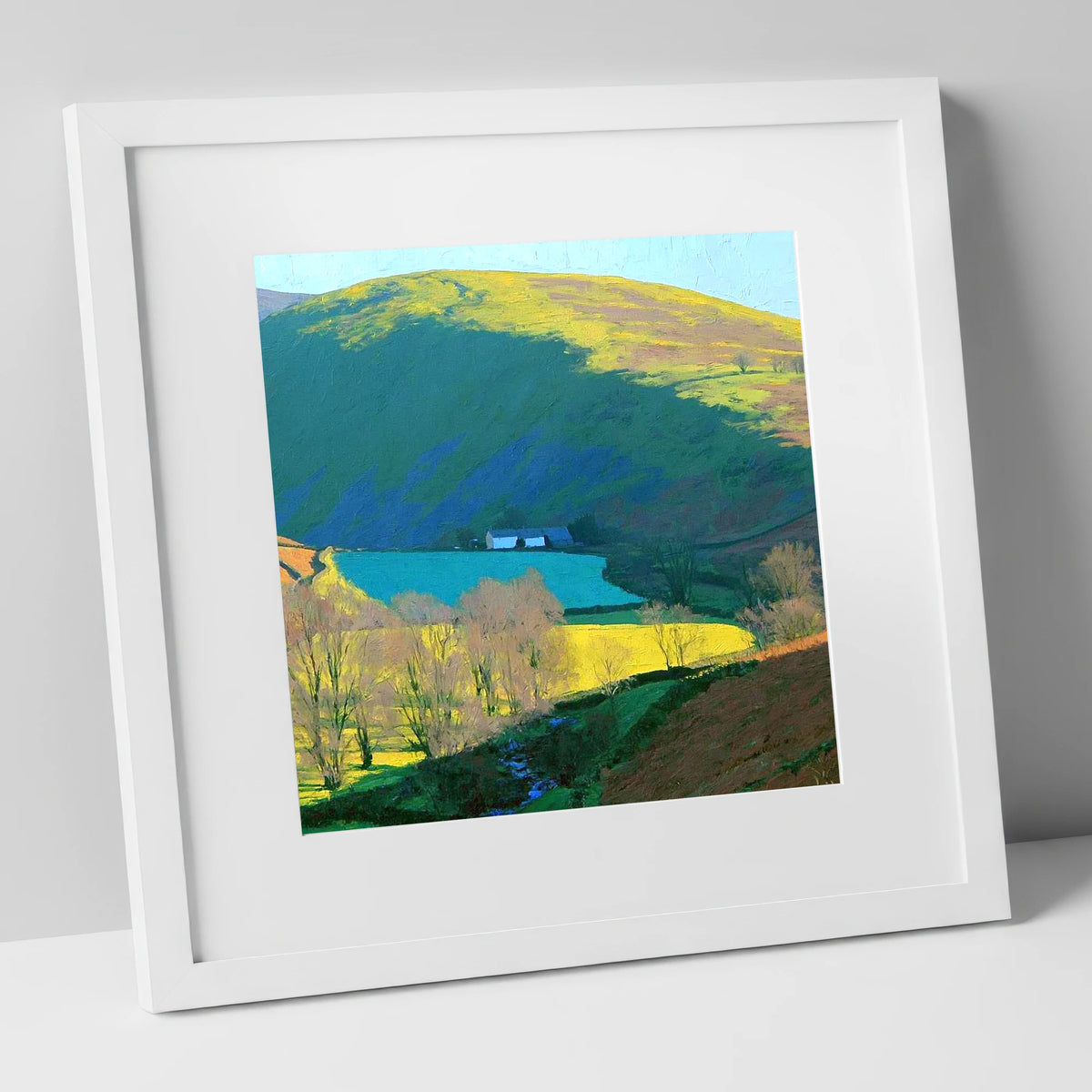 Vibrant Ling Fell Valley Farm lake district fell art print in white frame