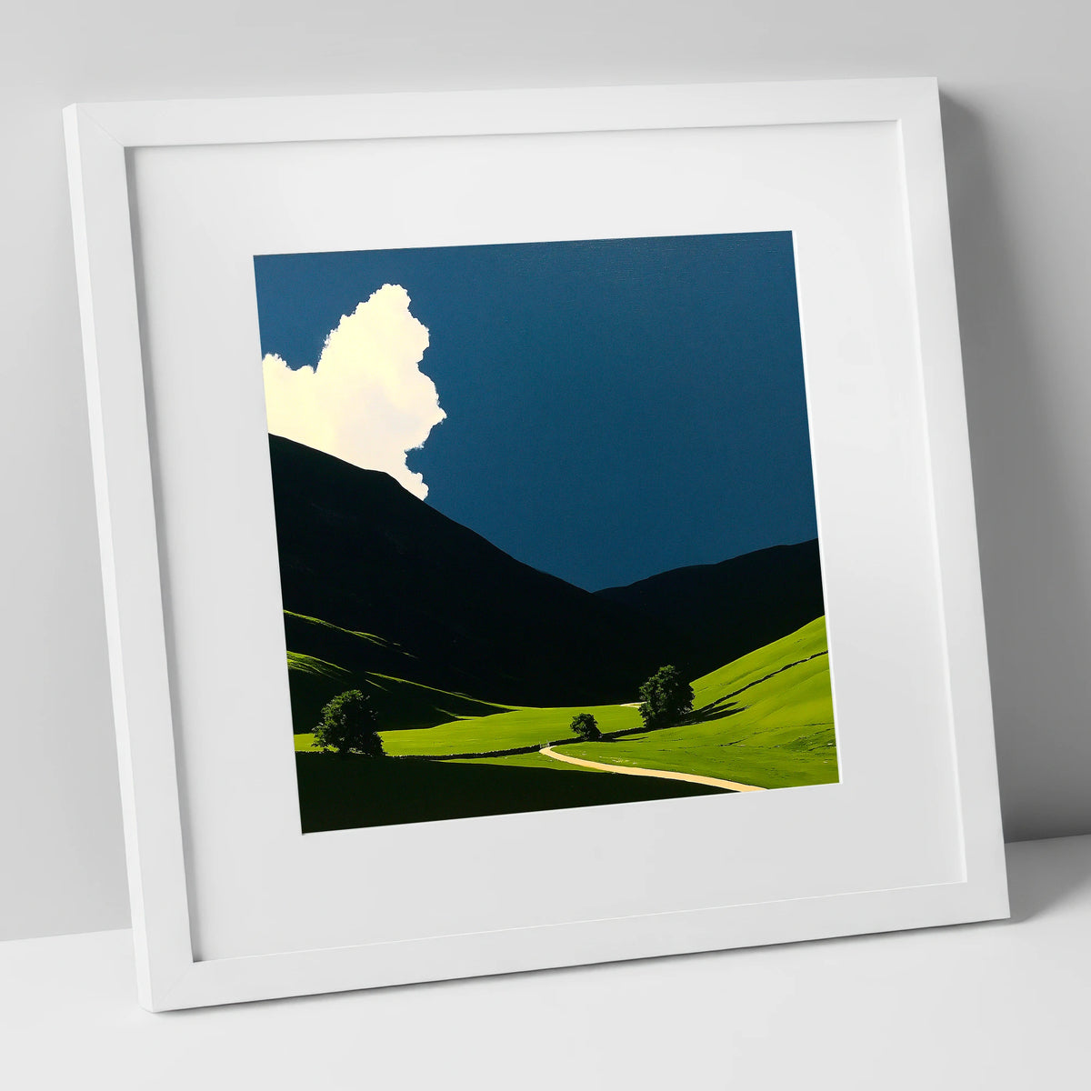 Rolling Fells Under Dramatic Cloud lake district fell art print in white frame