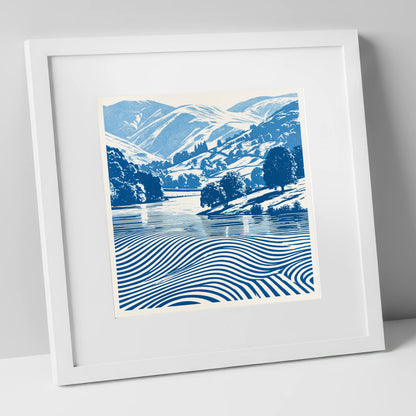 Grasmere in Cobalt Blue lake district lake art print in white frame