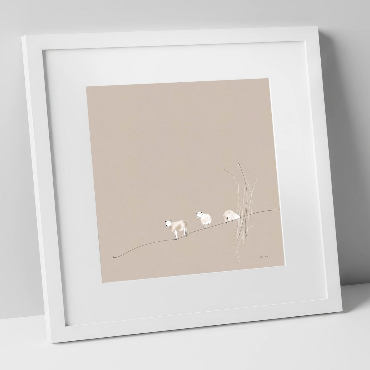 Minimalist Herdwicks on a Fellside lake district wildlife art print in white frame