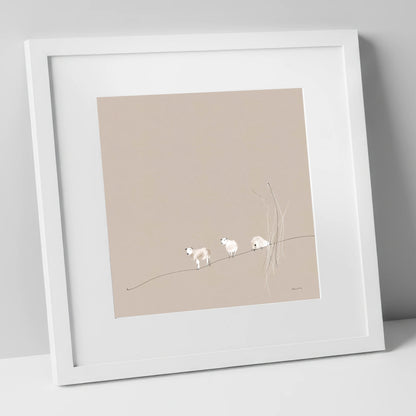 Minimalist Herdwicks on a Fellside lake district wildlife art print in white frame