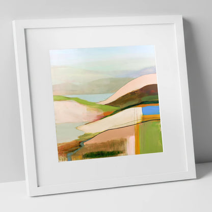 Abstract Pastel Fells from the Summit lake district fell art print in white frame