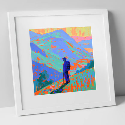 Vibrant Fell Walker Silhouette lake district walking art print in white frame