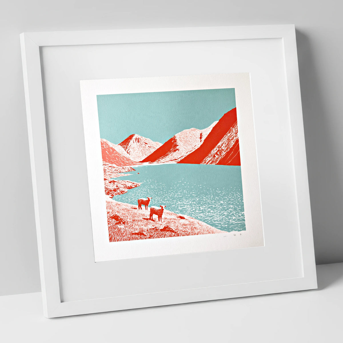 Wastwater Fells in Bold Red lake district lake art print in white frame