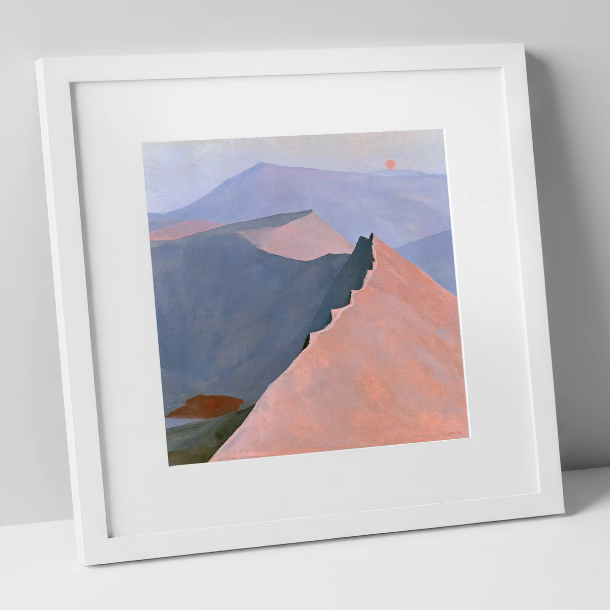 Striding Edge in Peach Light lake district walking art print in white frame