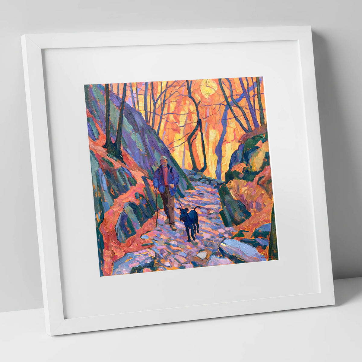 Vibrant Aira Force Dog Walk gifts for dog walkers art print in white frame