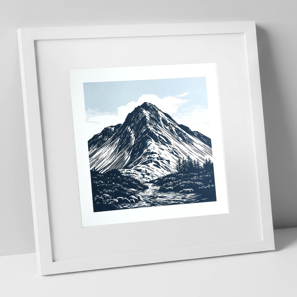 Great Gable in Deep Navy lake district fell art print in white frame