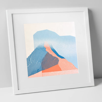Coral and Blue Mountain Ridge lake district fell art print in white frame