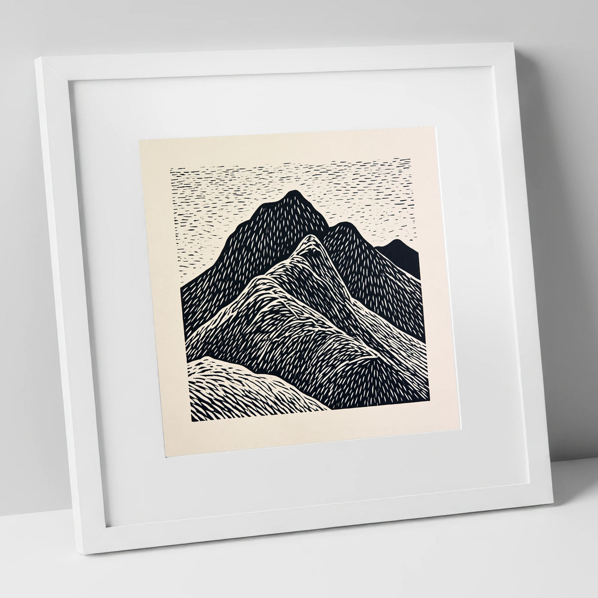 Bold Graphic Bowfell Peak lake district fell art print in white frame