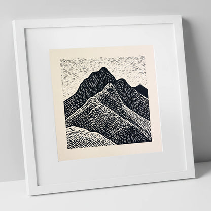 Bold Graphic Bowfell Peak lake district fell art print in white frame