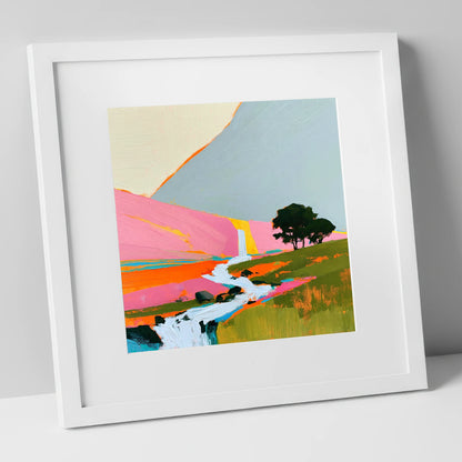 Bright Pink Fellside Beck lake district waterfall art print in white frame