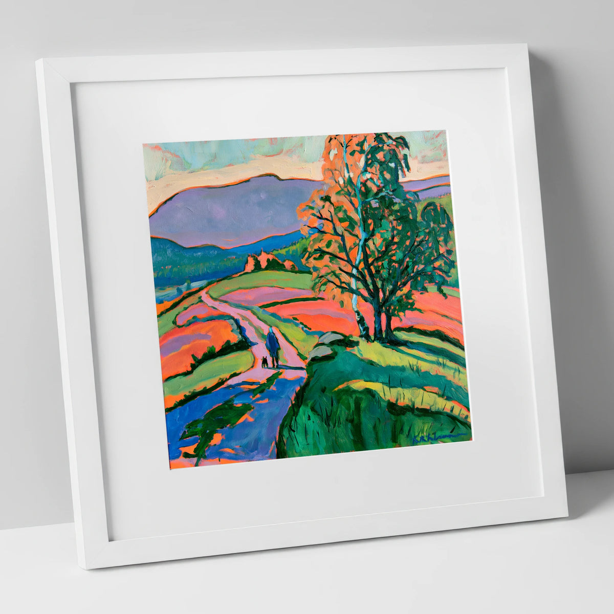 Hawkshead Fells with Dog Walker gifts for dog walkers art print in white frame