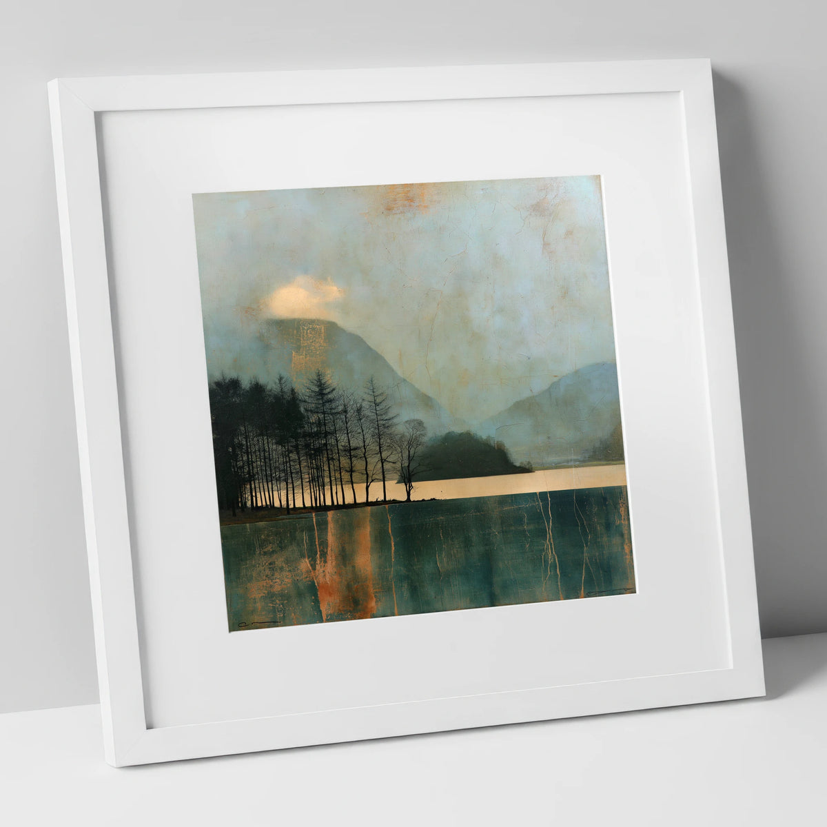 Grasmere Island in Teal and Gold lake district lake art print in white frame