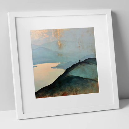 Silhouetted Walkers on Catbells Ridge lake district fell art print in white frame