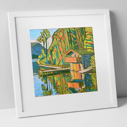 Vivid Pooley Bridge Boathouse lake district village art print in white frame