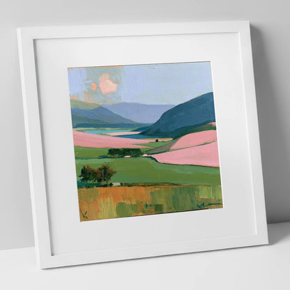 Vibrant Valley and Teal Fells lake district valley art print in white frame