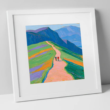 Walkers on a Vibrant Mountain Path lake district walking art print in white frame