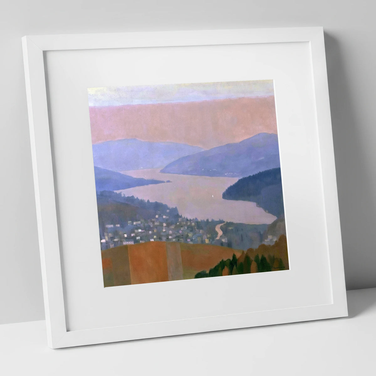 Ambleside and Lake in Pastel Dusk lake district village art print in white frame