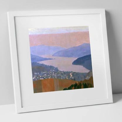 Ambleside and Lake in Pastel Dusk lake district village art print in white frame
