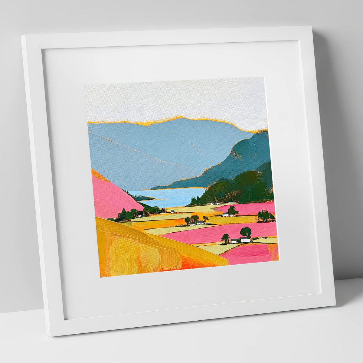 Patterdale Valley in Bold Colour lake district village art print in white frame