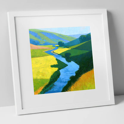 Winding Blue Beck through Vibrant Valley Meadows lake district waterfall art print in white frame