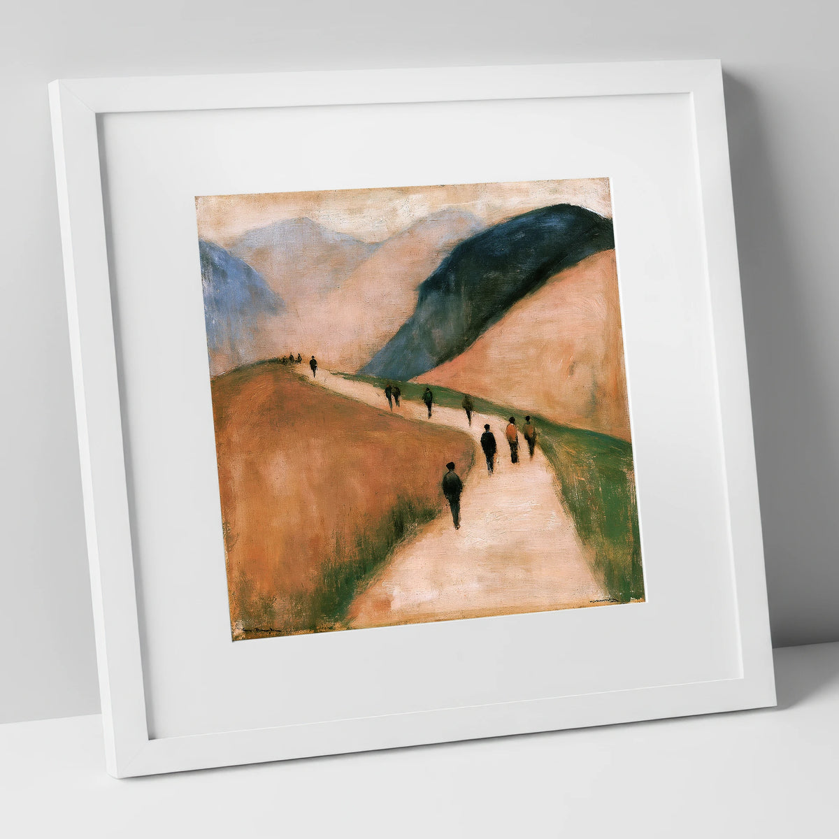 Walkers on an Earthy Mountain Path lake district walking art print in white frame