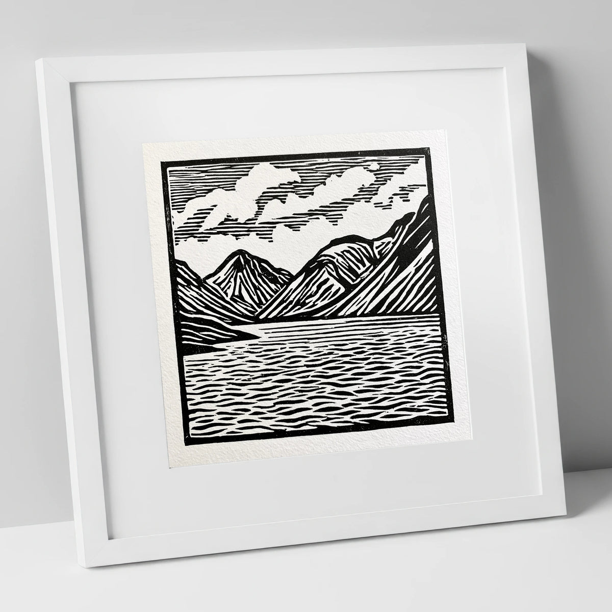 Wastwater Fells in Monochrome lake district lake art print in white frame