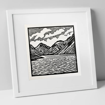 Wastwater Fells in Monochrome lake district lake art print in white frame