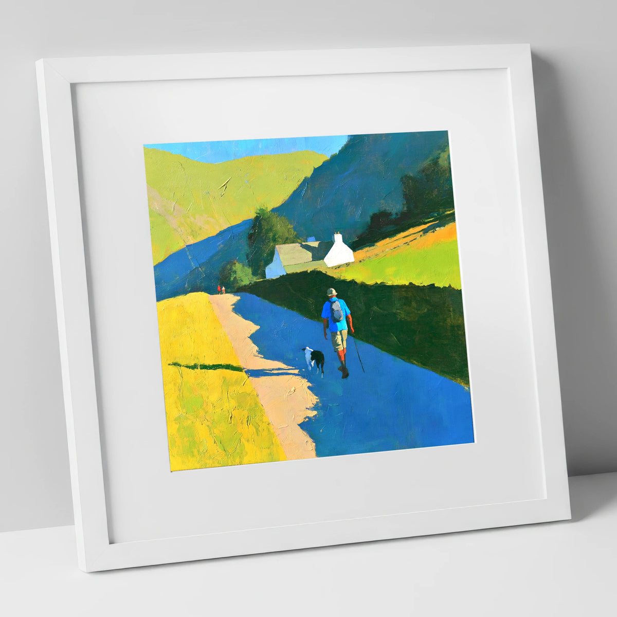 Sunlit Walker and Dog Near Patterdale gifts for dog walkers art print in white frame